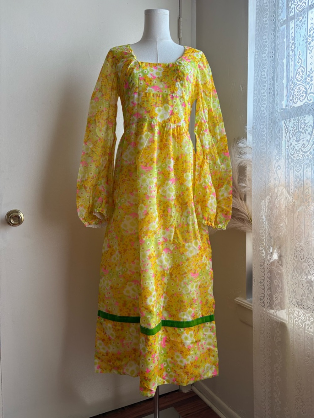 Vintage 60s 70s yellow green floral sheer long sleeve organza maxi dress